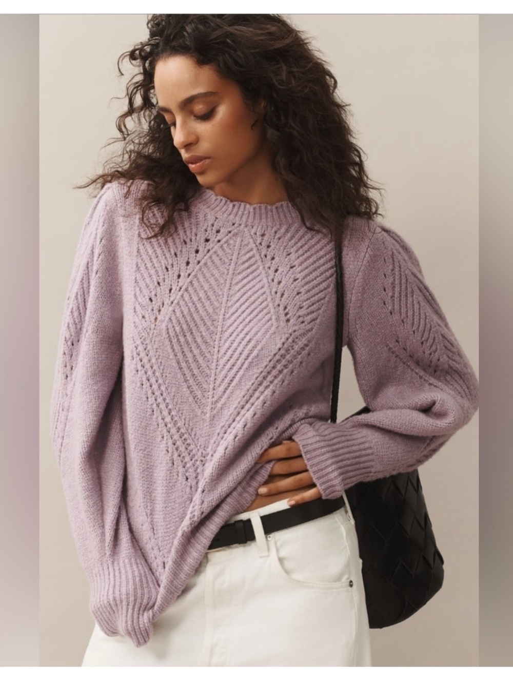 Anthropologie scalloped collar Lilac Knit Pointelle Puff Sleeve Sweater